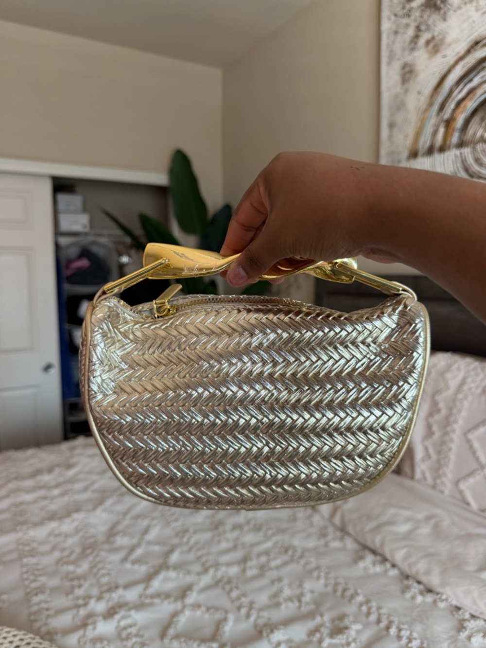 Gold Metallic Woven Top-Handle Bag - Unbranded